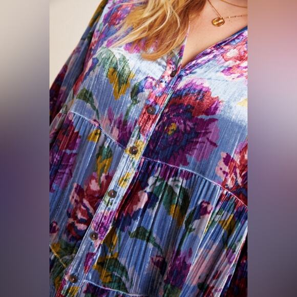 Anthropologie Maeve | Reverie Tiered Velvet Floral Tunic Bloomcore Boho Blue XS - Picture 3 of 13
